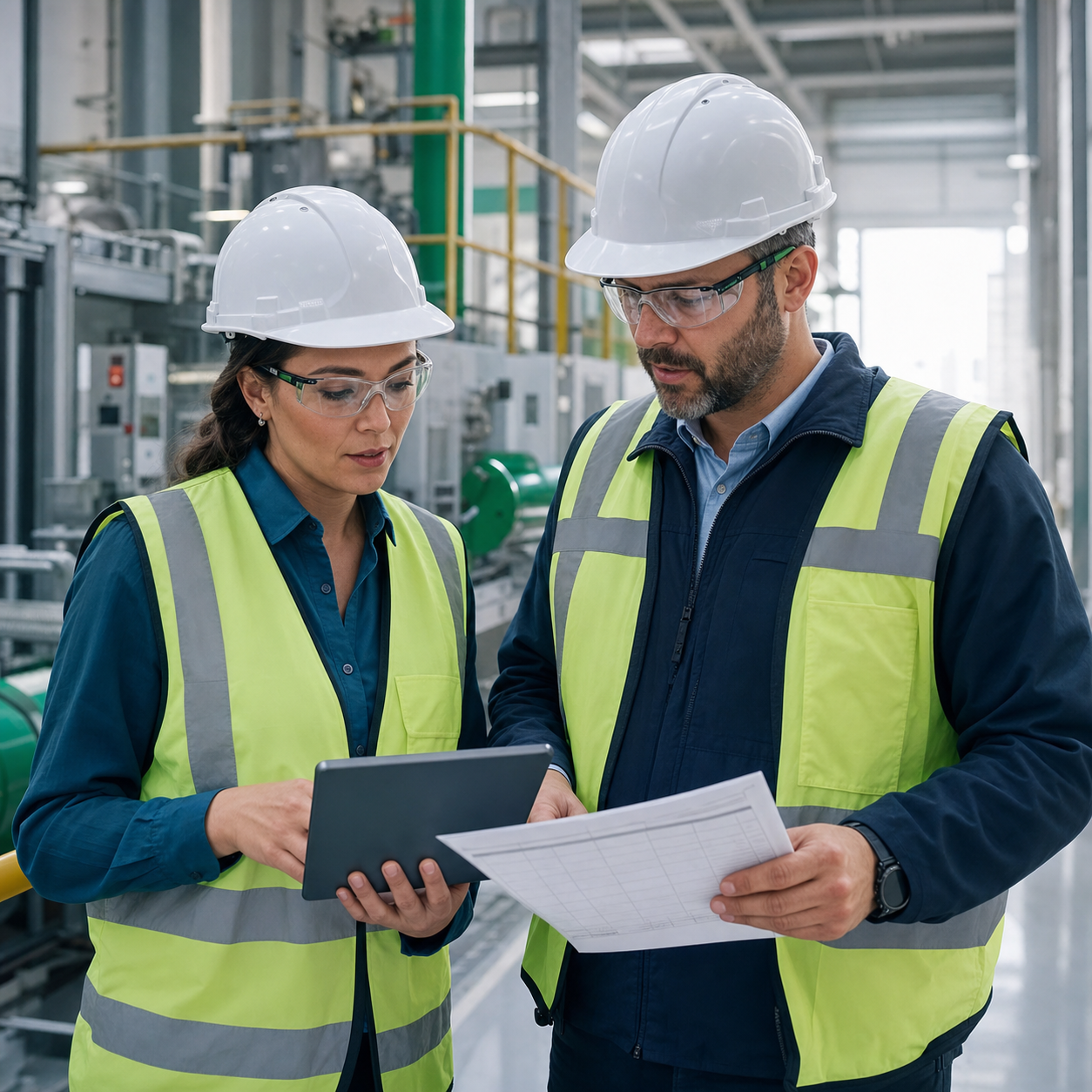 EHS and sustainability professionals reviewing an industrial facility inspection