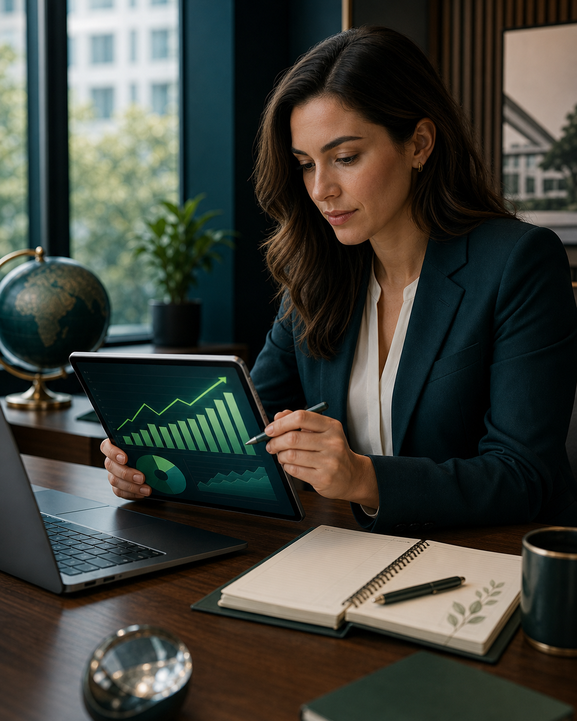 Sustainability finance executive reviewing green investment performance